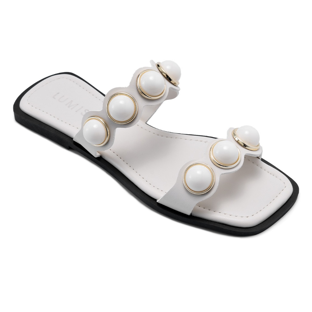 Sandália Rasteira Feminina Lumiss Confortável Esferas Enfeite De Bola Blogueira Off White em Oferta na Shopee