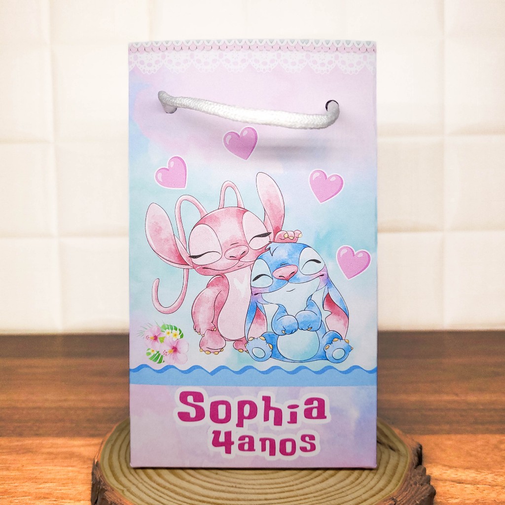 Sacolinha (P) Personalizada Lembrancinha Stitch e Angel Aquarela 2.