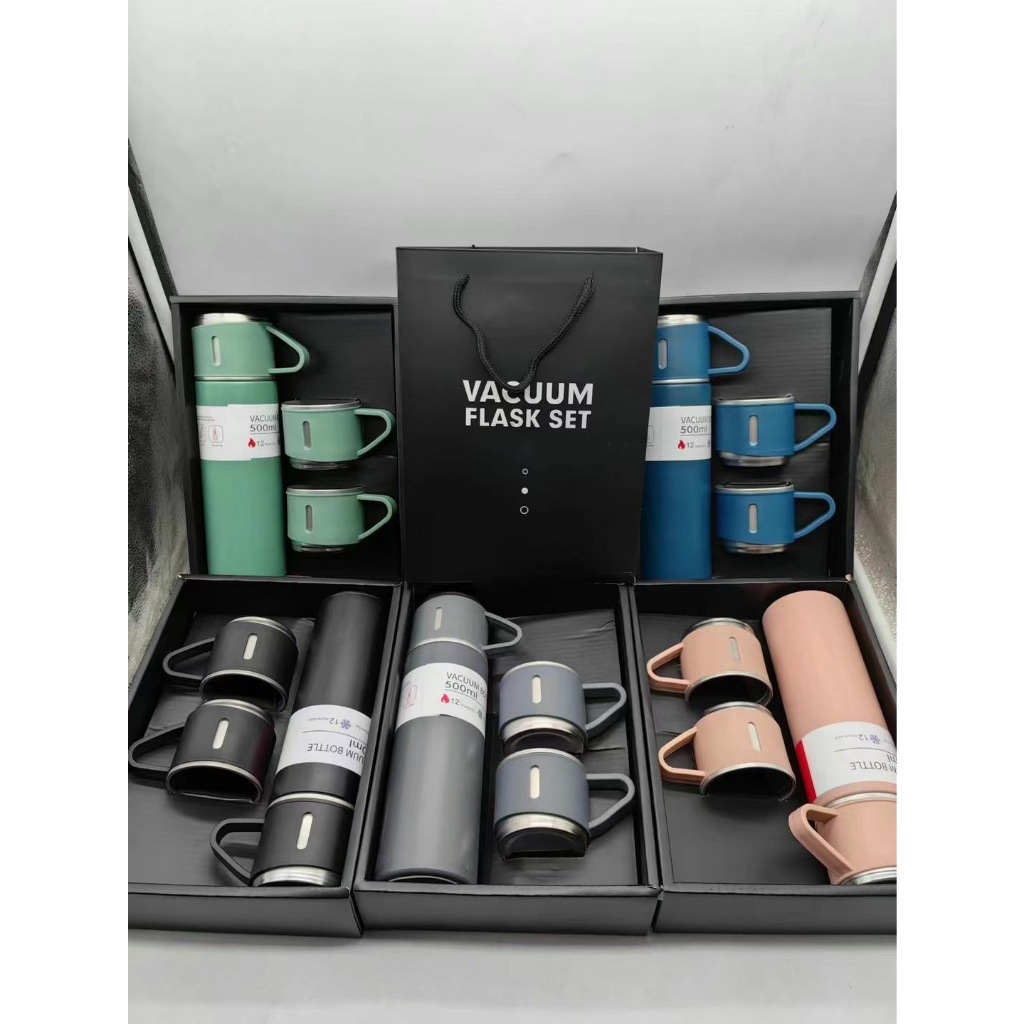 Promoção Caneca Kit Garrafa Térmica Vacuum Bottle Inox 500ml + 3 Xícaras Bebidas Fria ou Quente