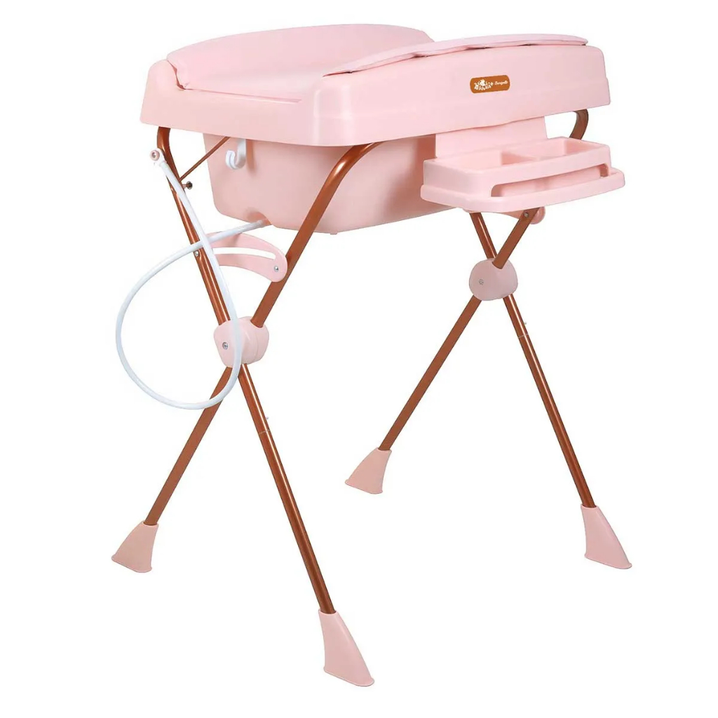 Banheira Bebê Infantil Rígida Com Suporte Dobrável e Trocador Rosa Burigotto Millenia +