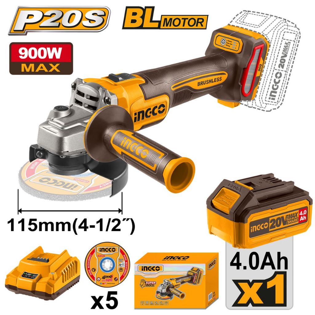 Esmerilhadeira Angular Profissional Sem Fio 4½” Com Bateria 4.0Ah e Carregador Industrial Ingco 20V em Oferta na Shopee