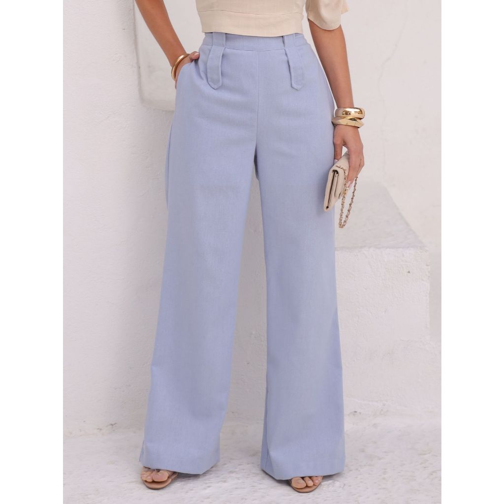 Calça de Linho Pantalona com Detalhe de Lapelas Elegantes