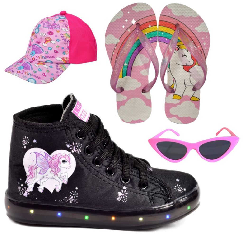 Tênis Led Infantil Feminino Unicórnio Rosa Preto + Boné Chinelo Óculos