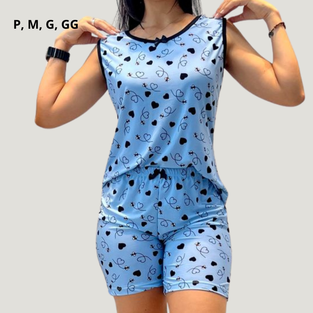 Pijama feminino adulto pescador Meia Coxa Senhora Baby Doll Estampado Confortável liganete Blusa sem Bojo Regata Short em Oferta na Shopee