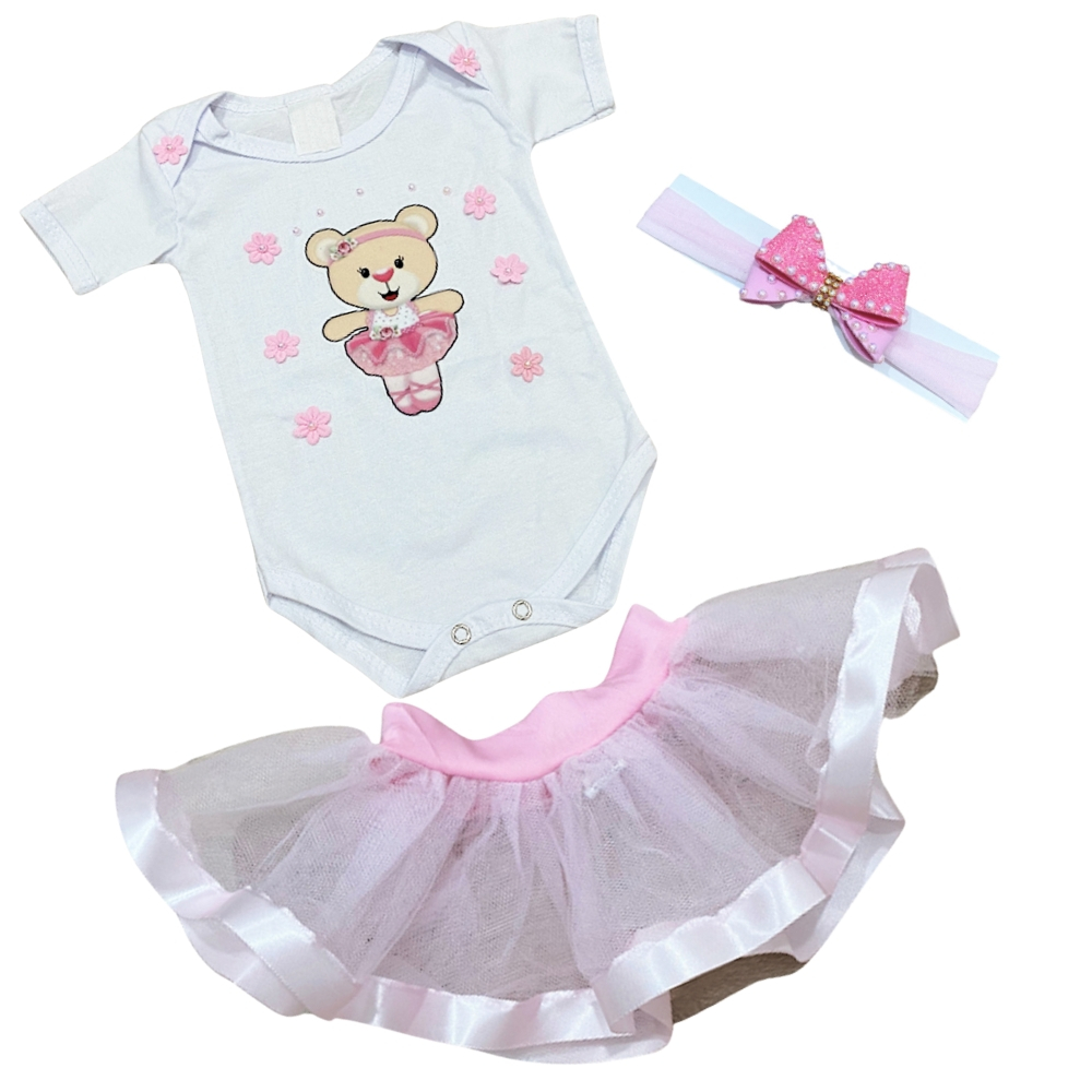 Conjunto Fantasia Menina Bebê Saia Tutu e Body Bailarina Carnaval
