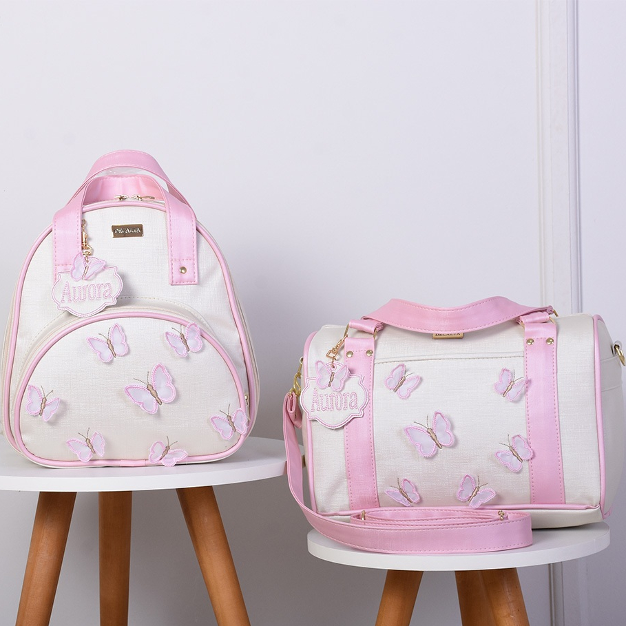Kit Bolsa Maternidade Menina Celina Borboletas Pérola/Rosa - 02 Peças