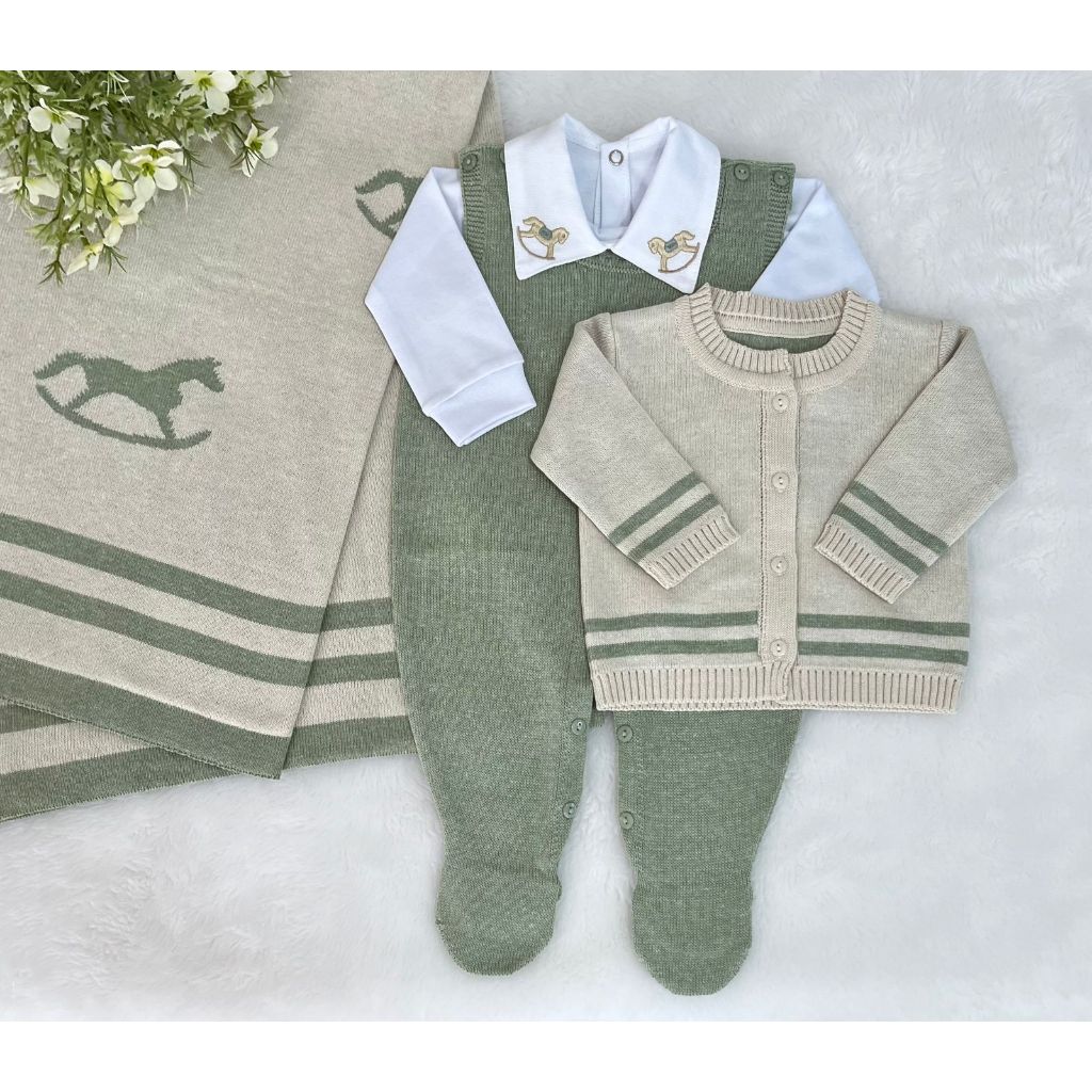 Saída de maternidade menino bege com verde mescla tricot 4 peças cavalinho