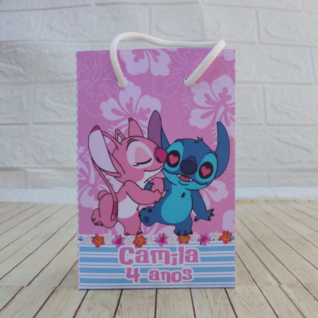 PEGUE E MONTE SACOLINHA PERSONALIZADA TAMANHO P 15X10CM STITCH E ANGEL Lembrancinha Festa Infantil