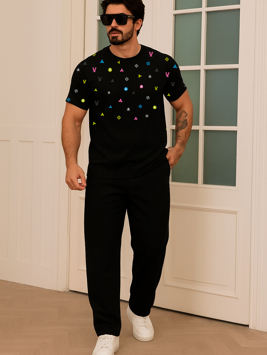 2 Peças/Camiseta Calça Reta Masculina VL Designer 100% Algodão Luxo