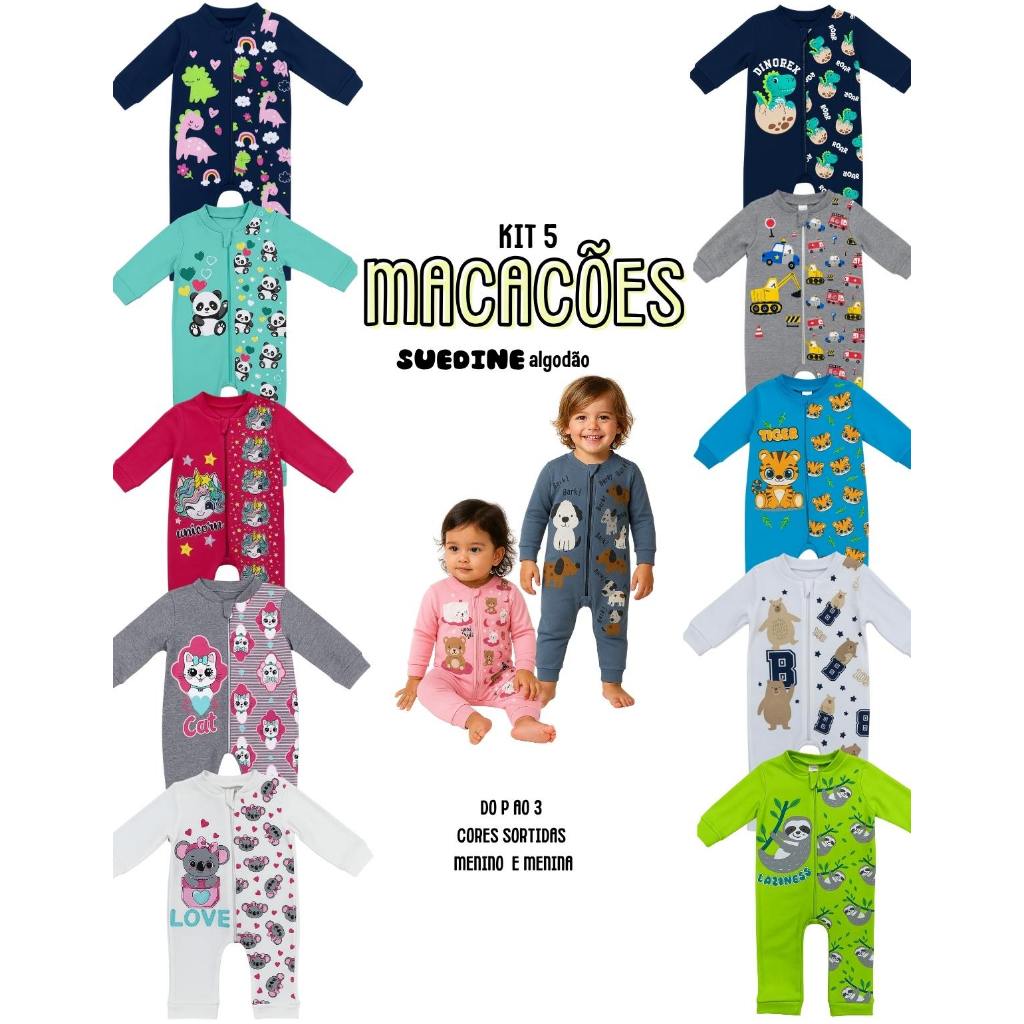 Kit 5 Macacão Roupa Bebê Longo Menino Menina Punhos Ziper Protetor Algodão Suedine Confortável P a 3 em Oferta na Shopee