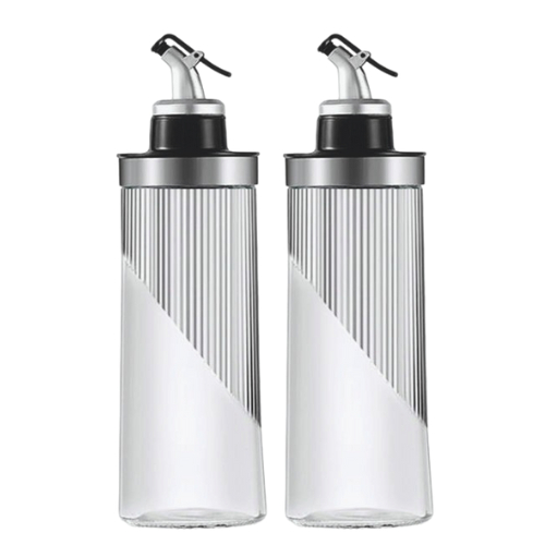 Kit - Galheteiro 400/400 ml Com Bico Dosador – Porta Azeite e Vinagre em Vidro Detalhe Listras e Aço Inox