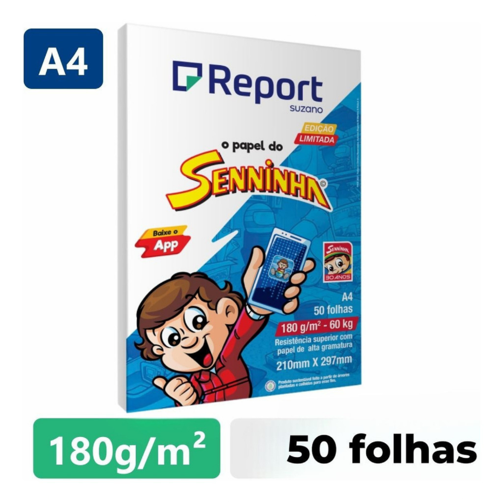 Papel Sulfite Cartão 180g/m² Branco Liso A4 50 ou 100 Folhas Seninha Report Premium