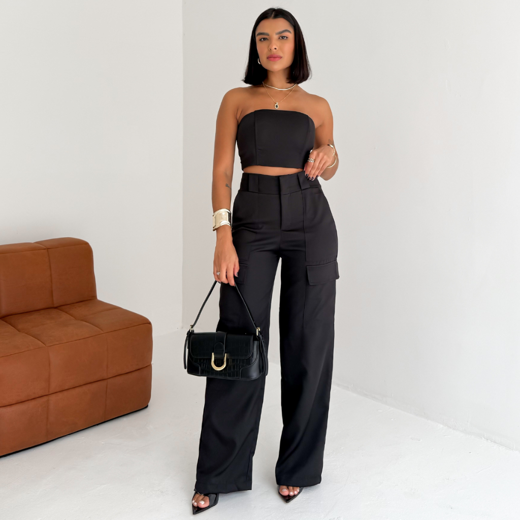Conjunto Alfaiataria Calça Cargo com Bolso Lateral e Top sem Alça da Lunii Coleção Outono Inverno