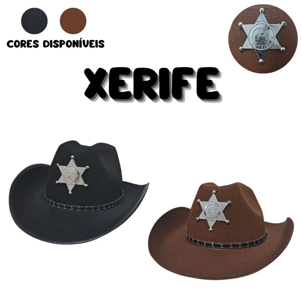 Chapéu Xerife Cowboy Country Texas Adulto Velho Oeste Unissex Rodeio Preto Marrom Estrela Ajustável