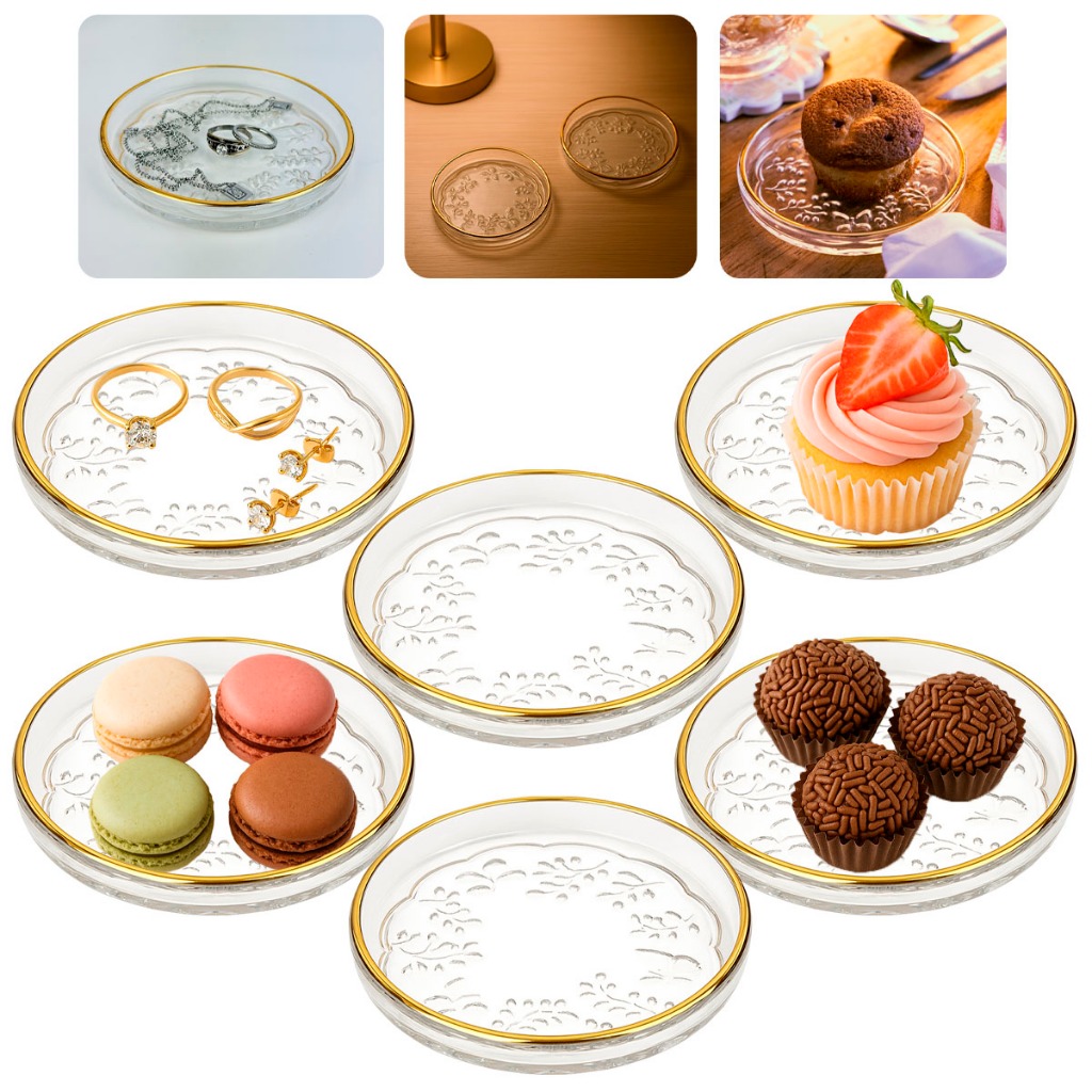 Jogo 6 Mini Pratos Decorativos Multiuso Cristal 11cm Borda Dourada New Butterfly Luxo Lyor em Oferta na Shopee