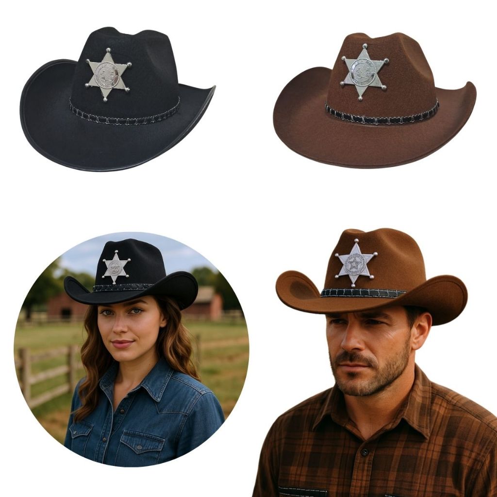 Chapéu Cowboy Xerife Estrela Velho Oeste Country Texas Adulto Unissex Rodeio Marrom Preto Ajustável
