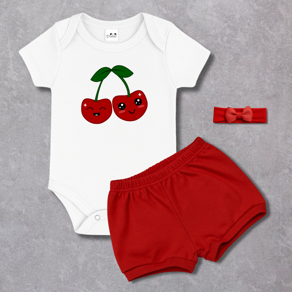 Conjunto Infantil Body + Short + Laço Bebe Menina Vermelho Cereja 100% Algodão