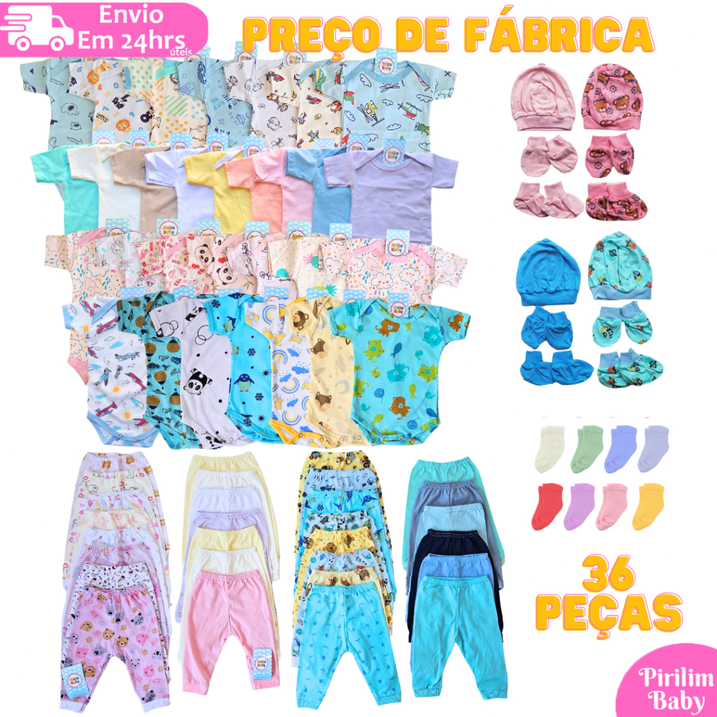 Kit Enxoval 36 Peças Completo Algodão Menino ou Menina Bebê Recém Nascido