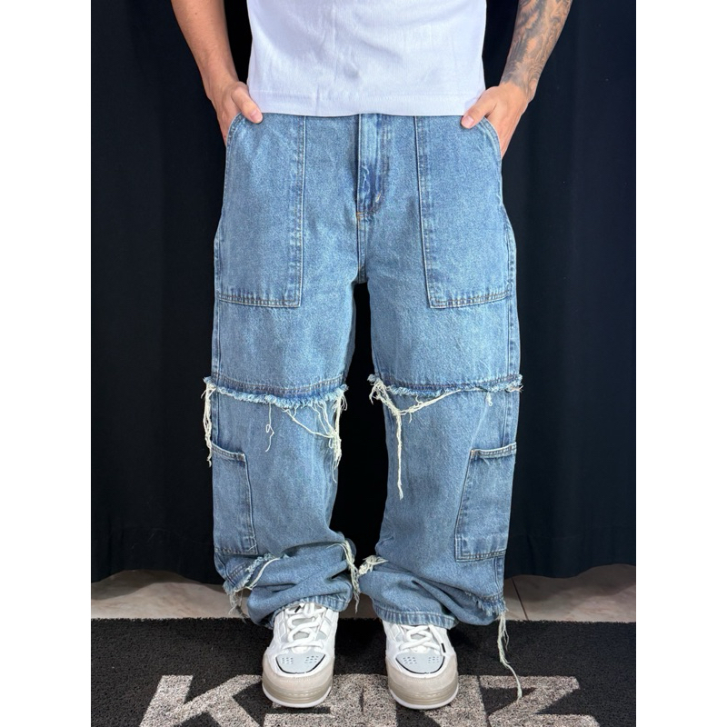 Calça Jeans Baggy Destroyed em Oferta na Shopee