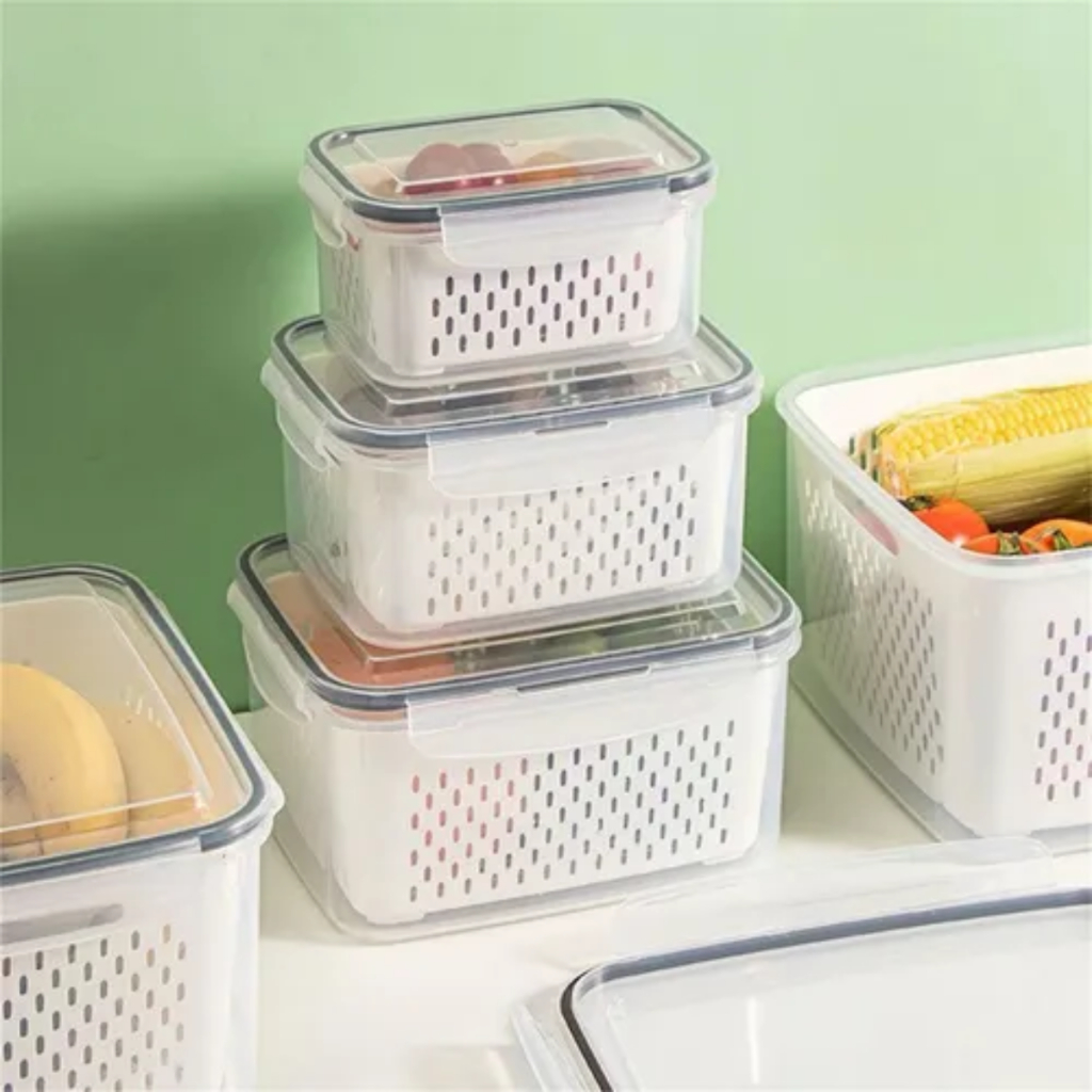 Kit 3 potes Organizadores Geladeira Herméticos Cozinha Alimentos Com Cesto Removível Lavar Frutas