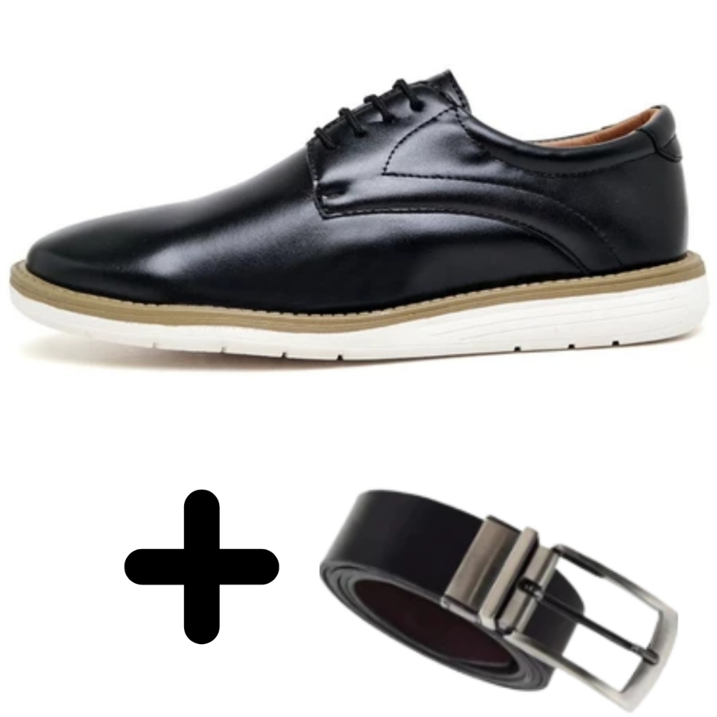 Sapato Social 100% Couro Oxford Sola Branca + Cinto Dupla Face