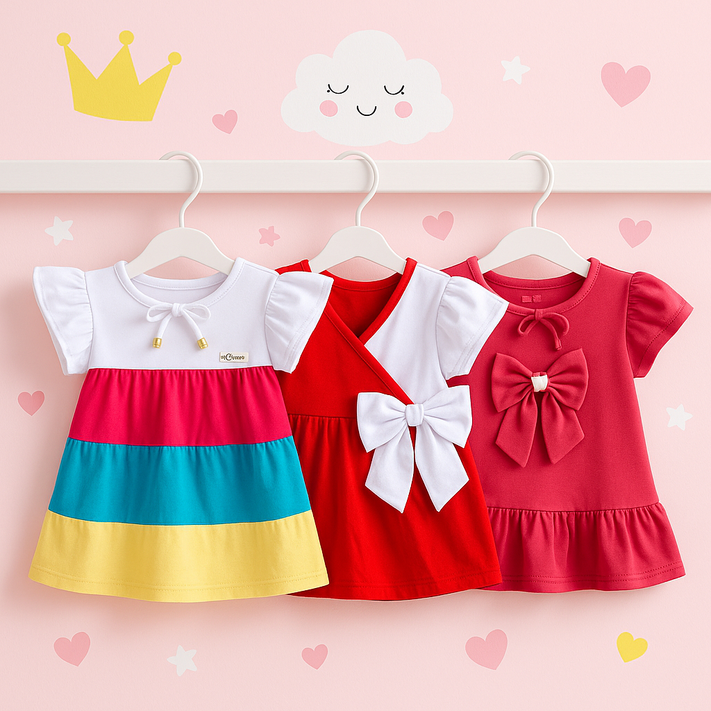 Kit 3 Vestidos Bebê Infantil Menina c/Laço Delicado 3 Á 6 Meses Festa Estilo Três Maria Verão Calor