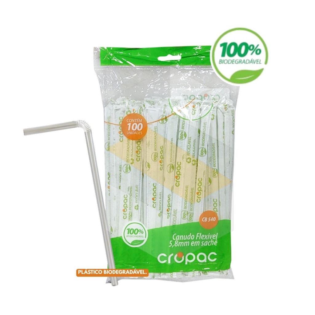 Canudo Flexível Biodegradável CB540 Pacote com 100 unidades Cropac