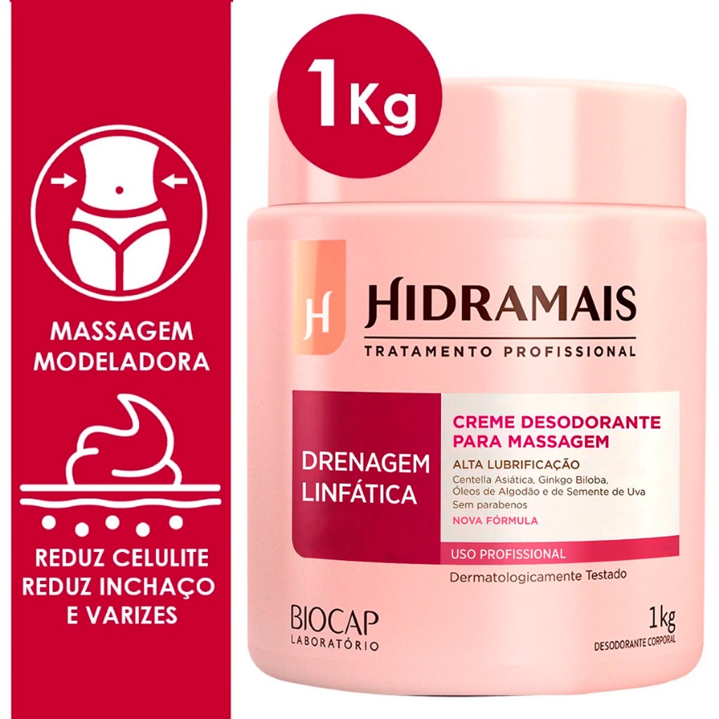 Creme Hidramais Drenagem Linfática 1kg Massagem Corporal Reduz Celulite Medidas em Gel Pote em Oferta na Shopee