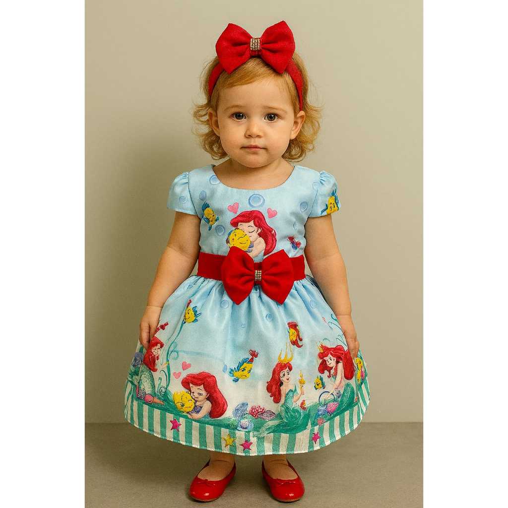Vestido Infantil Sereia Ariel, Peixinhos, Mar, Festas, Aniversários