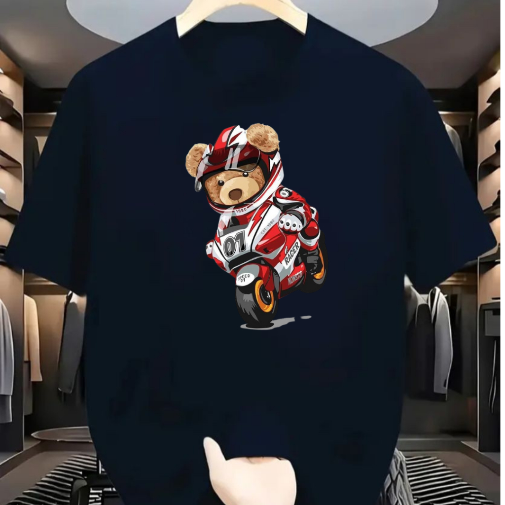 Camiseta Masculina Estampa Urso Motociclista Estilo Casual Divertido Camisa 100% Algodão Premium 30.1
