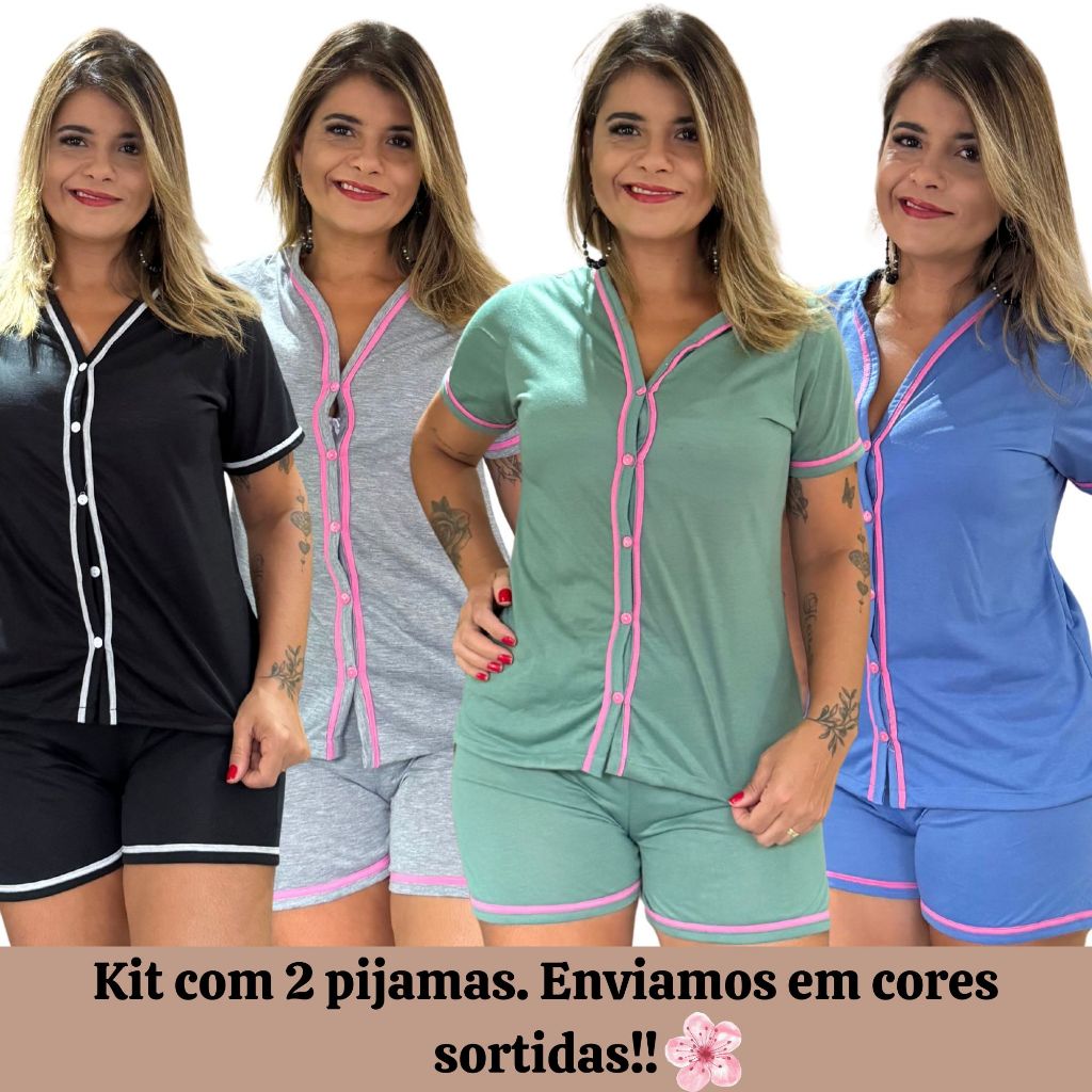 Kit com 2 Pijamas Baby Doll Amamentação Americano Cirúrgico com botões em Malha modelo Blo...