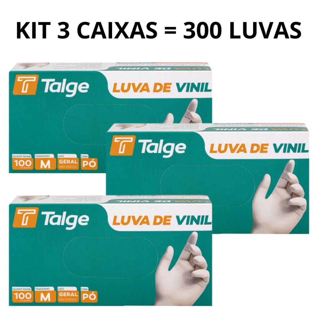 Kit 03 Caixas de Luva Vinil Com Pó e Sem Pó Descartável Tamanho P M G 300 Unidades