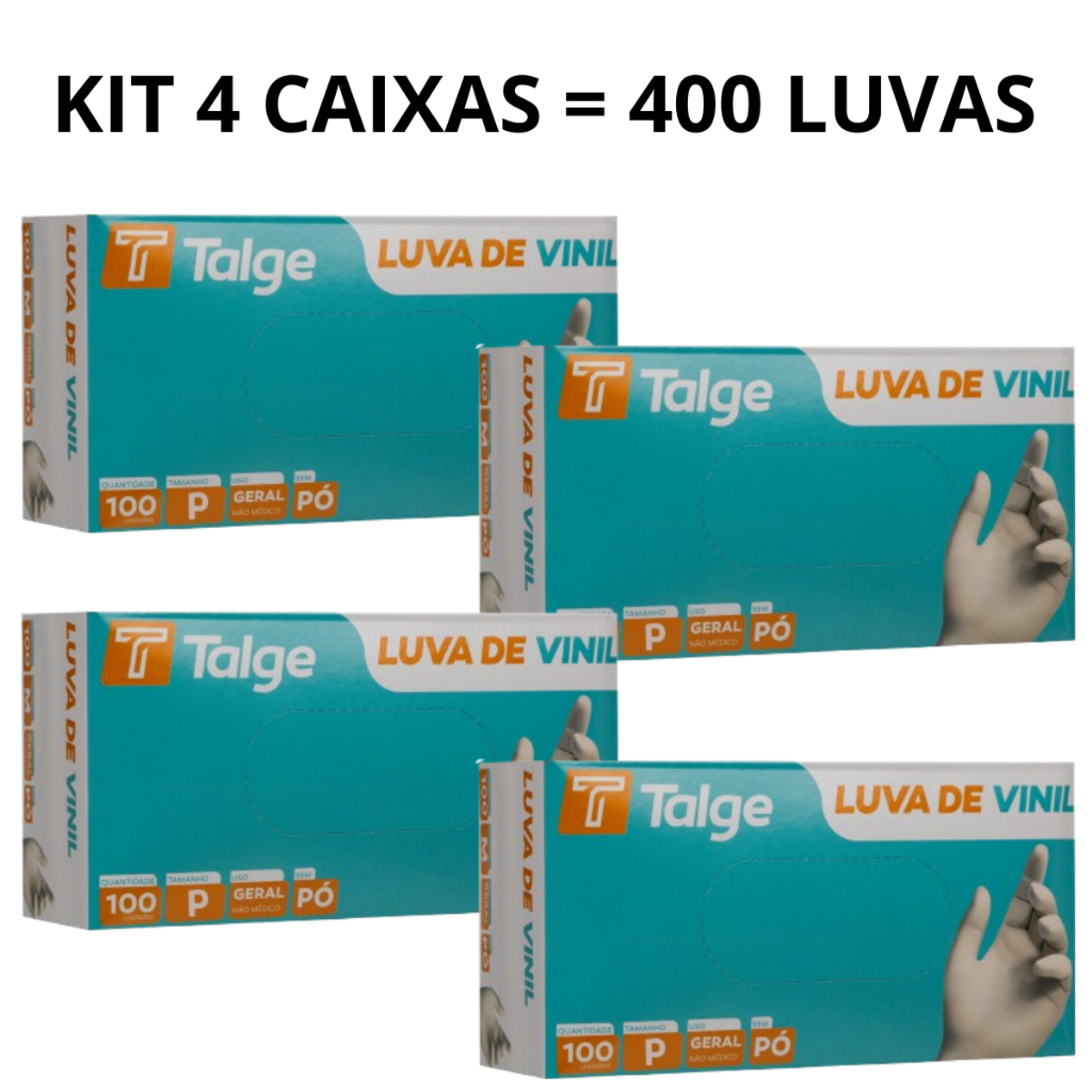 Kit 04 Caixas de Luva Vinil Com Pó e Sem Pó Descartável Tamanho P M G 400 Unidades