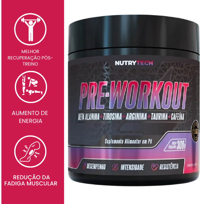 Pré Treino Beta alanina + Tirosina + Arginina + Cafeína Em Pó 300g NutryTech - E