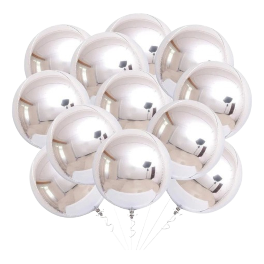 Kit com 10 Unidades de Balão Globo Prata Metalizado em 4d para Festas e Eventos - 32 Polegadas
