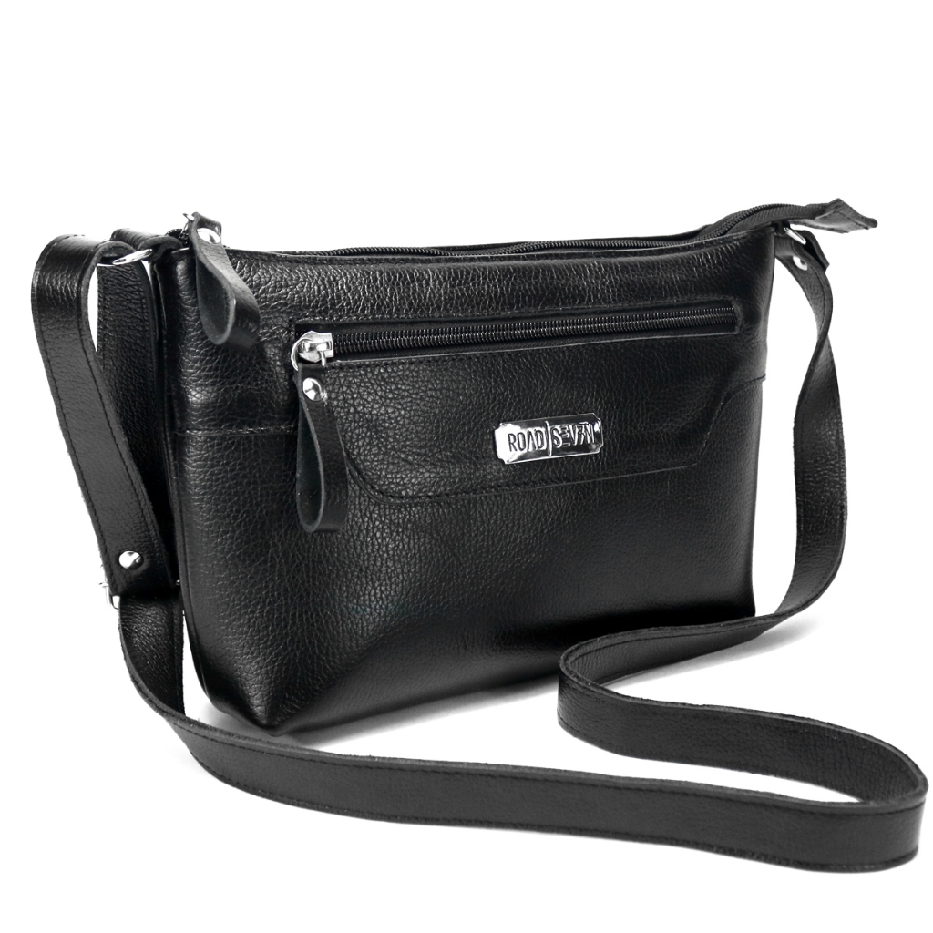 Bolsa em Couro Legitimo Preto Alça Transversal Bag Crossbag Lateral Road Seven