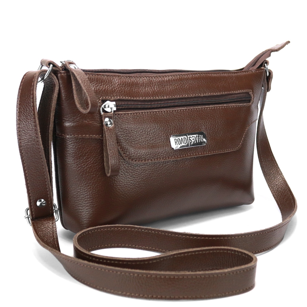 Bolsa Feminina em Couro Legitimo Alça Transversal Lateral Espaçosa dia à dia Café Marrom Road Seven