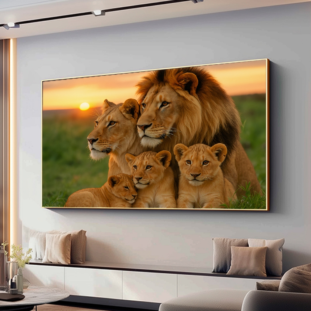 Quadro Decorativo Com Moldura 80x120 cm Para Sala Quarto Escritório Leão Família