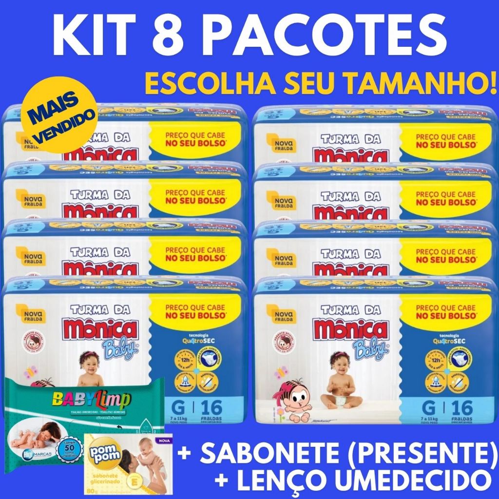Kit 8 Pacotes Frauda Fralda Descartáveis Chá Turma Da Mônica + Lenço Umedecido + Sabonete