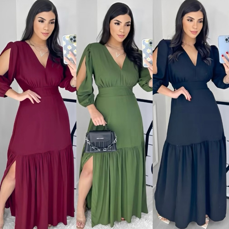 Vestido Longo Feminino Elegante De Manga 3/4 Com Bojo Tecido Duna Evangélica