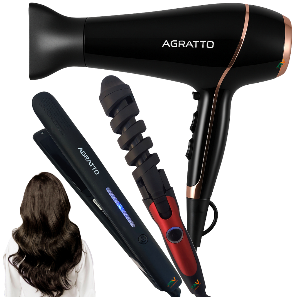 KIT SECADOR DE CABELO DELLA E CHAPINHA FINA BIVOLT E MODELADOR DE CACHOS 32MM