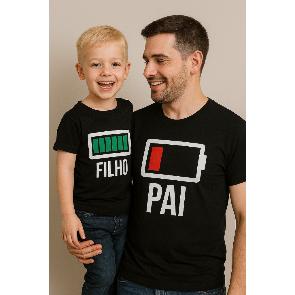 Kit de Camisetas Tal Pai Tal Filho Bateria Carregando Bateria Fraca Camiseta Pai e Filho PRETO