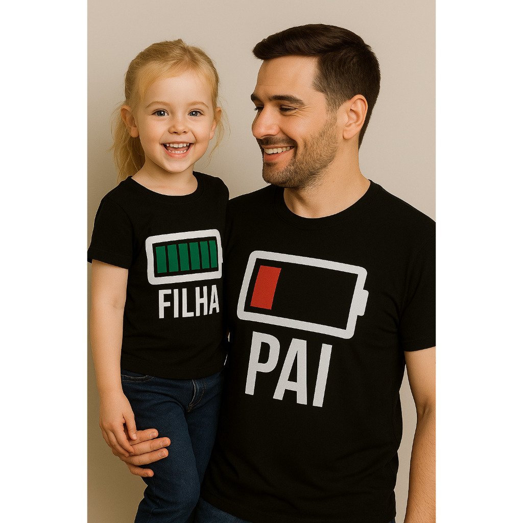 Kit de Camisetas Tal Pai Tal Filha Bateria Carregando Bateria Fraca Camiseta Pai e Filha PRETO