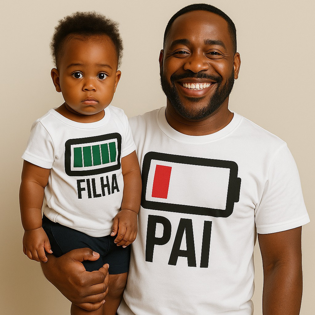 Camisetas Tal Pai Tal Filha Bateria Carregando Bateria Fraca Camiseta Pai e Filha Todos os Tamanhos BRANCO