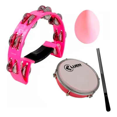 Kit Percussão Pandeiro Meia Lua + Tamborim com Baqueta + Ovinho Full
