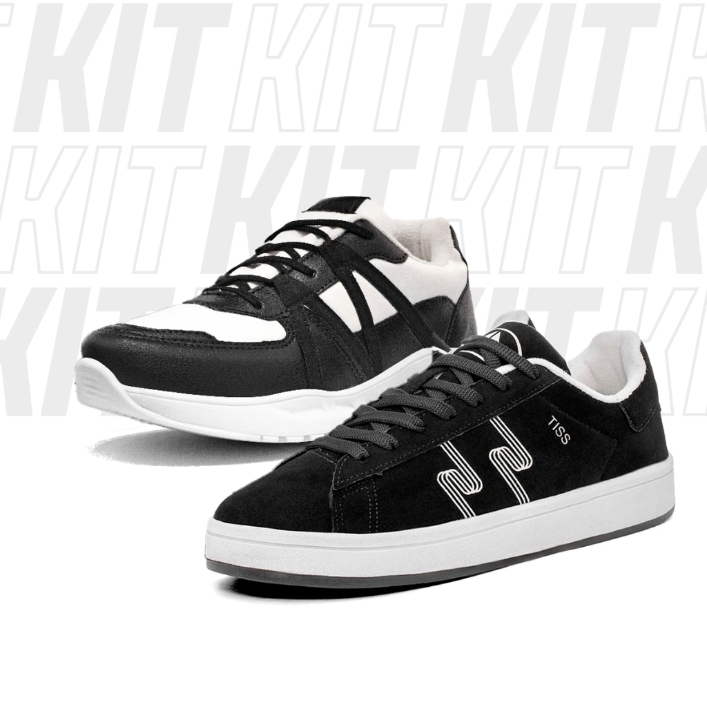 Kit Tênis Feminino Solado Reto Camurça + Tênis Casual Com Detalhes Couro Sintético