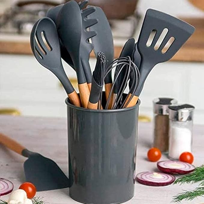 Kit Utensílios de Cozinha | Silicone | Utensílios de Cozinha | Cabo de Madeira | 12 peças