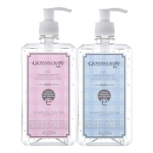 Kit 2x Gel Antisséptico Para as Maos Higienizante 70% Elimina 99,9% Das Bacterias Giovanna Baby 500ml – Azul & Rosa