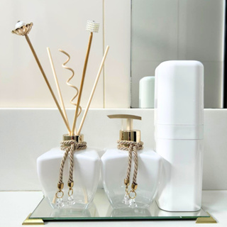 Kit Luxo Lavabo Banheiro Pia Completo Bandeja Espelho + Porta Escova + Saboneteira + Difusor de Aromas + Vareta Decorada em Oferta na Shopee