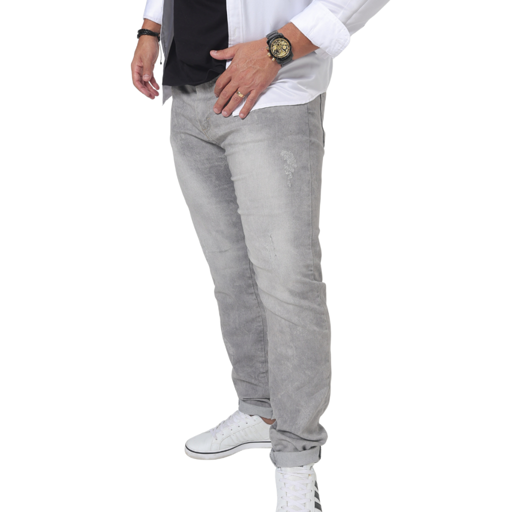 Calça Jeans Masculino Cinza Destroyed Puído Slim Conforto Lions Jeans Casual Sarja Estilosa Trabalho